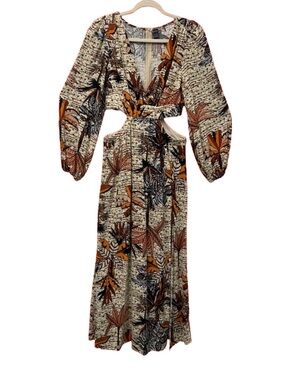 SHEIN Beige Maxi Dress with Orange & Black Tropical Print with Slit side